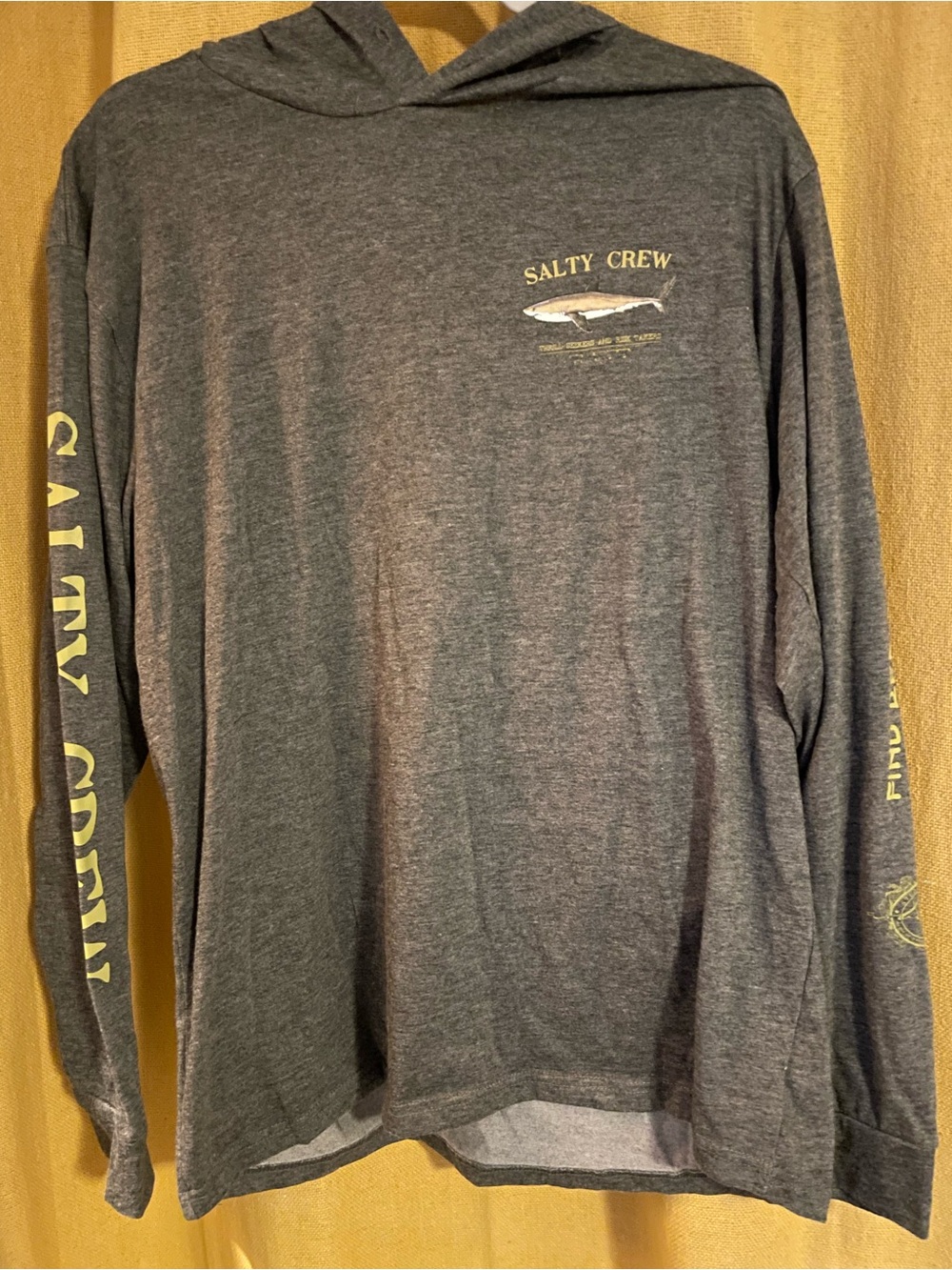 Salty Crew Men's Heather Gray Long-Sleeve Hooded Tee with Yellow Accents Size L